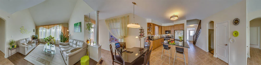 Real Estate 360 Degree Spherical Panorama Virtual Tour. Living Room and Kitchen in Cambridge
